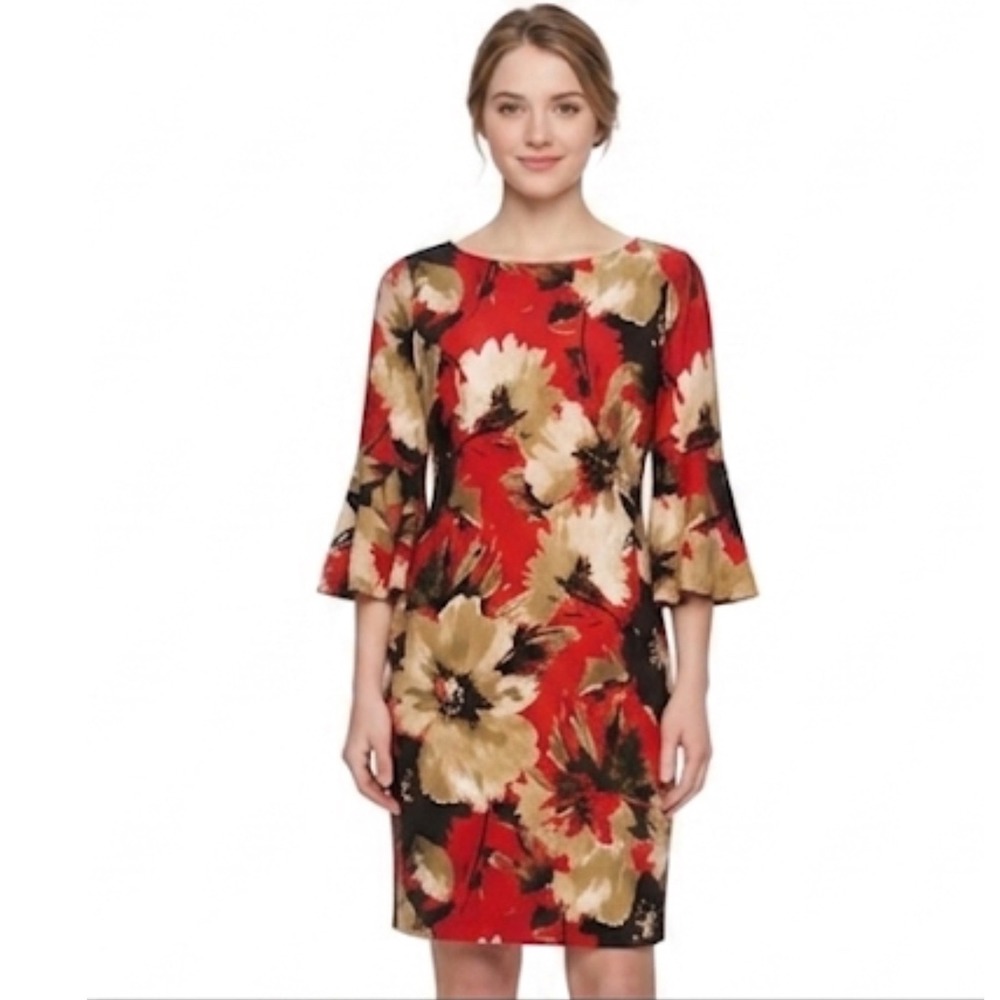 Calvin Klein Red Floral Bell Sleeve Sheath Dress Size‎ 12 Back Zipper Career
